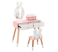 LIFEZEAL Coiffeuse Enfant Fille 2 en 1, Miroir de Lapin, Coiffeuse Enfant Bois avec 2 Tiroirs et Etagère, Coiffeuse avec Miroir et Tabouret Fille, Table de Maquillage, Chaise de Charge de 50 KG