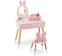 LIFEZEAL Coiffeuse Enfant Fille 2 en 1, Miroir de Lapin, Coiffeuse Enfant Bois avec 2 Tiroirs et Etagère, Coiffeuse avec Miroir et Tabouret Fille, Table de Maquillage, Chaise de Charge de 50 KG, Rose