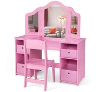 LIFEZEAL Coiffeuse Enfant Fille avec Miroir et Etagères, Table Maquillage en Bois avec Chaise & 4 Compartiments, Miroirs Pliables et Amovibles, Charge de 100KG, Design 2 en 1 (Rose)