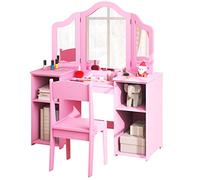 LIFEZEAL Coiffeuse Enfant Fille avec Miroir et Etagères, Table Maquillage en Bois avec Chaise & 4 Compartiments, Miroirs Pliables et Amovibles, Charge de 100KG, Design 2 en 1 (Rose-B)