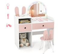 LIFEZEAL Coiffeuse Enfant Fille avec Miroir Lumineux, Table de Maquillage Forme Lapin avec Tabouret et Tiroirs, Set Coiffeuse avec Compartiments de Rangement pour Chambre d'enfant 3 Ans+ (Blanc)