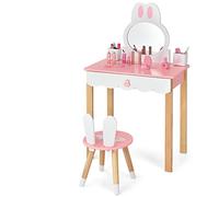 LIFEZEAL Coiffeuse Enfants avec Tabouret en Forme de Lapin, Coiffeuse Fille en Bois avec Miroir, Dessus Amovible et 1 Grand Tiroir, Table de Maquillage pour Filles (Rose)