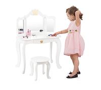 LIFEZEAL Coiffeuse pour Enfant avec Tabouret, 3 Miroirs et Tiroir, Table de Maquillage en Bois pour Tout-Petits Filles, Table de Cosmétique Enfant, Design Couronne, 79,5 x 42 x 106 CM (Blanc)