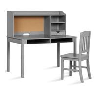 LIFEZEAL Ensemble Bureau et Chaise Enfant, Bureau d'Étude avec Étagères de Rangement et Tableau Liège, Set de Table et Chaises en Bois Naturel pour Chambre d'enfants (Gris)