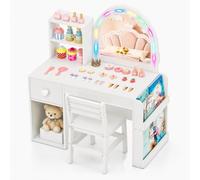 LIFEZEAL Ensemble de Coiffeuse 2 en 1 pour Enfants, Coiffeuse Princesse avec Miroir LED et Tabouret, Coiffeuse en Bois avec tiroir et étagère, Ensemble de Coiffeuse pour Filles 3 Ans et Plus (Blanc)