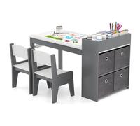 LIFEZEAL Ensemble Table Enfant avec 2 Chaises, Bureau avec 4 Paniers de Rangement, 4 Compartiments, Table à Dessin avec Rouleaux de Papier, Charge 60/50 kg, Garçon Fille 3+ Ans (Gris)