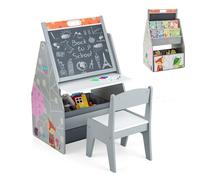 LIFEZEAL Ensemble Table Enfant et Chaise, Table à Dessin avec Tableau Double Face et Espace de Rangement, Bureaux en Bois avec Bibliothèque pour Enfants 3-6 Ans, Charge de 50/10 kg (Gris)