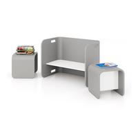 LIFEZEAL Ensemble Table Enfant et Chaises Bois en U, Banc et 2 Tabourets Multifonctionnels, Poignées Rainurées et Coins Arrondis, Charge 100/50 kg, pour école Maternelle, 3+ Ans (Gris)