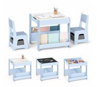 LIFEZEAL Ensemble Table et 2 Chaises pour Enfant, Table Dessin avec Tableau Double Face Amovible & 2 Etagères et Chaise avec Tiroir pour Fille Garçon 3-6 Ans (Bleu2)