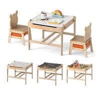 LIFEZEAL Ensemble Table et 2 Chaises pour Enfants, Table avec Tableau Réversible et Rangement Bacs, Design Amusant avec Dossiers Ours/Robot, Ensemble Bureau et Chaises pour 3 Ans+ (Naturel,Ours)
