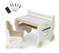 LIFEZEAL Ensemble Table et Chaise pour Enfants 3-8 Ans, Bureau d’Etude avec Tiroir, Table Effaçable à Dessin HDPE+PP, 5 Aquarelles et Gomme, Chaise Ergonomique (Café)
