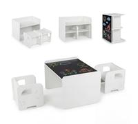 LIFEZEAL Ensemble Table et Chaises Enfant 3 Pièces (Blanc) | Bureau Montessori avec Tableau Noir et 2 Tabourets Motif Éléphant, Table d'Activités Convertible en Bibliothèque