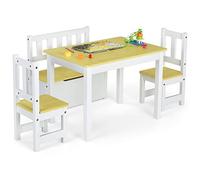 LIFEZEAL Ensemble Table et Chaises pour Enfants, Table Enfant avec 2 Chaises, Banc de Rangement, Table Chaise en Bois, 3-7 Ans, Charge 80/50 kg, Naturel + Blanc