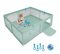 LIFEZEAL Grand Parc Bébé 200x180x68cm en Tissu Oxford avec Ventouses Antidérapantes, Cour de Jeu Bebe avec 50 Balles et 4 Anneaux, Centre d'Activité pour Enfants (Vert)