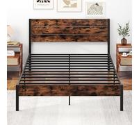 LIFEZEAL Lit en métal 200 x 140 cm, lit double de style industriel avec tête et pied, cadre de lit plate-forme avec espace de rangement sous le lit, pas besoin de sommier tapissier marron, vintage
