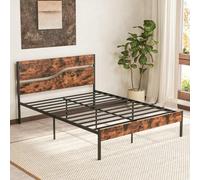 LIFEZEAL Lit en métal 200 x 140 cm, lit double de style industriel avec tête et pied de lit, cadre de lit plate-forme avec espace de rangement sous le lit, pas besoin de sommier tapissier, marron