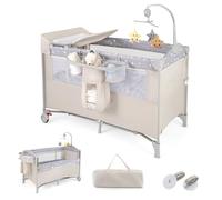 LIFEZEAL Lit Parapluie Bébé 5 en 1, Lit Cododo Pliable avec Matelas 2 Niveaux Evolutif, Table à Langer, Jouets, Sac, 2 roulettes, Charge de 15/15/11 kg, 0-36 Mois Enfant(Beige)