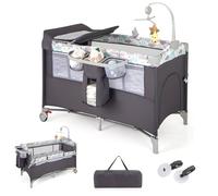 LIFEZEAL Lit Parapluie Bébé 5 en 1, Lit Cododo Pliable avec Matelas 2 Niveaux Evolutif, Table à Langer, Jouets, Sac, 2 roulettes, Charge de 15/15/11 kg, 0-36 Mois Enfant (Gris)