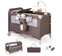 LIFEZEAL Lit Parapluie Bébé 5 en 1, Lit Cododo Pliable avec Matelas 2 Niveaux Evolutif, Table à Langer, Jouets, Sac, 2 roulettes, Charge de 15/15/11 kg, 0-36 Mois Enfant (Café)