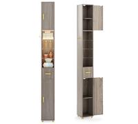 LIFEZEAL Meuble Haut de Salle de Bain avec Lumières, Colonne de Rangement Étroite avec 2 Portes, 1 Crochet et Étagères en Verre, Meuble Étalage pour Salle de Bain, Cuisine, Couloir (Gris)