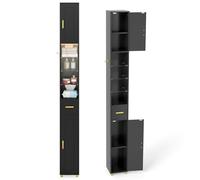 LIFEZEAL Meuble Haut de Salle de Bain avec Lumières, Colonne de Rangement Étroite avec 2 Portes, 1 Crochet et Étagères en Verre, Meuble Étalage pour Salle de Bain, Cuisine, Couloir (Noir)