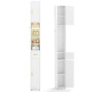 LIFEZEAL Meuble Haut de Salle de Bain avec Lumières, Colonne de Rangement Étroite avec 2 Portes, 1 Crochet et Étagères en Verre, Meuble Étalage pour Salle de Bain, Cuisine, Couloir (Blanc)