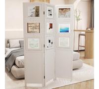 LIFEZEAL Paravent d’Intérieur 121 x 170 cm, Séparateur de Pièce, Closion de Séparation Pliable à 3 Panneaux avec 9 Cadres Photos Rotatifs, pour Maison, Bureau, Blanc