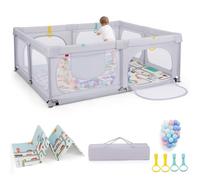 LIFEZEAL Parc de Jeux Bébé avec Tapis, Anneaux, Balles Colorées, 189x158x68 cm, Parc Bebe 0~36 mois, Parc Enfant en Maille avec Portes Coulissantes, Poche Latérale, Sac de Transport (Gris clair)