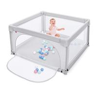 LIFEZEAL Parc pour Enfant avec Porte à Glissière, Aire de Jeux Lavable en Tissu Oxford, Centre d'Activité pour Bébé avec 50 Balles de Jeu et 4 Poignées à Tirer pour Bébé 120x120x68CM (Gris)