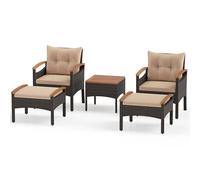 LIFEZEAL Salons de Jardin Exterieur avec 2 Tabourets en Rotin PE, Table Basse, Fauteuil avec Coussins Zipés, Accoudoirs & Plateau en Bois Acacia, Charge 160/40 kg (Brun, 5 Pcs)