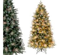 LIFEZEAL Sapin de Noël Artificiel recouvert de Neige de 180 cm avec Pointes de Branches denses et lumières LED - Décoration de Noël pour Maison, Bureau, Magasin (Vert+Blanc|avec Pommes de pin, 180CM)