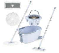 LIFEZEAL Seau et Balai à Franges, Balai Rotatif 360° avec Manche Télescopique, Seau 2 Compartiments et Essoreuse, Set de Nettoyage pour Sols (1 x Ensemble de balais à Franges + 6 Mops Carrés)