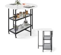 LIFEZEAL Table à Manger Ronde, 100 cm Table de Cuisine Moderne avec Plateau Rabattable, Structure en Marbre, Cadre en Métal, Meuble Extensible Pliable pour l'Intérieur avec 2 roulettes, Étagères