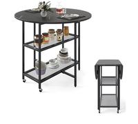 LIFEZEAL Table à Manger Ronde, 100 cm Table de Cuisine Moderne avec Plateau Rabattable, Structure en Marbre, Cadre en Métal, Meuble Extensible Pliable pour l'Intérieur avec 2 roulettes, Étagères