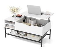 LIFEZEAL Table Basse à Plateau Relevable, Table de Salon avec Compartiment Caché, Meuble de Salon Cadre en Métal, Etagère de Rangement Amovible, 100 x 49,5 x 47,5 cm (Blanc)