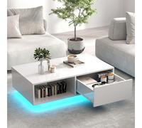 LIFEZEAL Table Basse LED 20 Couleurs, Table de Salon Blanche avec 1 Grand Tiroir et Compartiment, Télécommande et Prise USB, Table Basse Rectangulaire en Bois, 95 x 55 x 31 cm (Blanc)