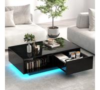 LIFEZEAL Table Basse LED 20 Couleurs, Table de Salon Blanche avec 1 Grand Tiroir et Compartiment, Télécommande et Prise USB, Table Basse Rectangulaire en Bois, 95 x 55 x 31 cm (Noir)