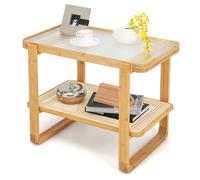 LIFEZEAL Table d’Appoint en Bambou et Verre Trempé à 2 Niveaux, Bout de Canapé de Salon, Table de Chevet Rectangulaire, 70,5 X 44.5 X 54,5cm, Naturel