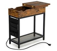 LIFEZEAL Table d'Appoint avec 2 Ports USB et 2 Prises, Table Console avec Plateau Pliable et Sac Latéral en Tissu, Bout de Canapé pour Salon et Chambre à Coucher, 60 x 30 x 58,5, Marron