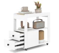 LIFEZEAL Table d'appoint multi-niveaux avec 3 étagères ouvertes, 2 tiroirs avec boutons et 4 roulettes pivotantes Table de nuit compacte pour chambre, canapé, salon ou studio dans des espaces réduits