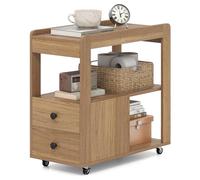 LIFEZEAL Table d'appoint multiniveaux avec 3 étagères ouvertes, 2 tiroirs avec boutons et 4 roulettes pivotantes Table de nuit compacte pour chambre, canapé, salon ou studio dans des espaces réduits