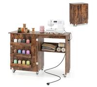 LIFEZEAL Table de Couture Pliable avec Station de Charge, Armoire Mobile pour Machine à Coudre avec étagère et tiroirs, Armoire à Couture multifonctionnelle, avec roulettes, pour la Maison (Marron)