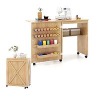 LIFEZEAL Table de Couture Pliable, Meuble Machine à Coudre Bois, Étagère, roulettes, 18 Crochets, 2 Plateaux, 116x40x76cm, Armoire Peu Encombrante, Naturel