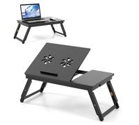 LIFEZEAL Table de Lit Pliable en Bambou, Plateau Inclinable, Hauteur Réglable, Support Ordinateur Portable Avec Trous de Refroidissement, Tiroir, 53x33x20-26,5 cm, Noir