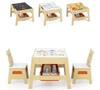 LIFEZEAL Table Enfant 5 en 1 avec 2 Chaises, Bureau d'Activités Réversible Tableau Noir/Blanc avec Compartiment de Rangement, Bacs et 4 Crochets, Table de Jeu et Dessin pour 3+Ans (Naturel,Style1)