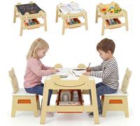 LIFEZEAL Table Enfant 5 en 1 avec 2 Chaises, Bureau d'Activités Réversible Tableau Noir/Blanc avec Compartiment de Rangement, Bacs et 4 Crochets, Table de Jeu et Dessin pour 3+Ans (Style2, Naturel)