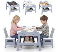 LIFEZEAL Table Enfant 5 en 1 avec 2 Chaises, Bureau d'Activités Réversible Tableau Noir/Blanc avec Compartiment de Rangement, Bacs et 4 Crochets, Table de Jeu et Dessin pour 3+Ans (Style2, Gris)