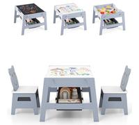 LIFEZEAL Table Enfant 5 en 1 avec 2 Chaises, Bureau d'Activités Réversible Tableau Noir/Blanc avec Compartiment de Rangement, Bacs et 4 Crochets, Table de Jeu et Dessin pour 3+Ans (Gris,Style1)