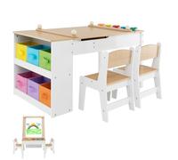 LIFEZEAL Table Enfant avec 2 Chaises en Bois, Table d’Art avec Rouleau en Papier et Rangement, Charge de 91 KG et 75 KG, Tableau, Table de Bricolage et Table d'apprentissage 3 en 1 (Naturel)