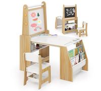 LIFEZEAL Table et Chaise pour Enfants, Table de Dessin avec Tableau Double Face, Rouleau de Papier, Sacs de Rangement, Chaise Ergonomique avec Dossier (Naturel)